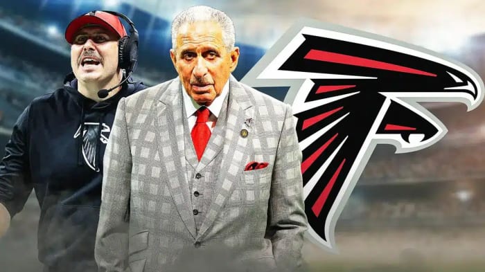 Atlanta Falcons coach Arthur Smith (left) and owner Arthur Blank (right).